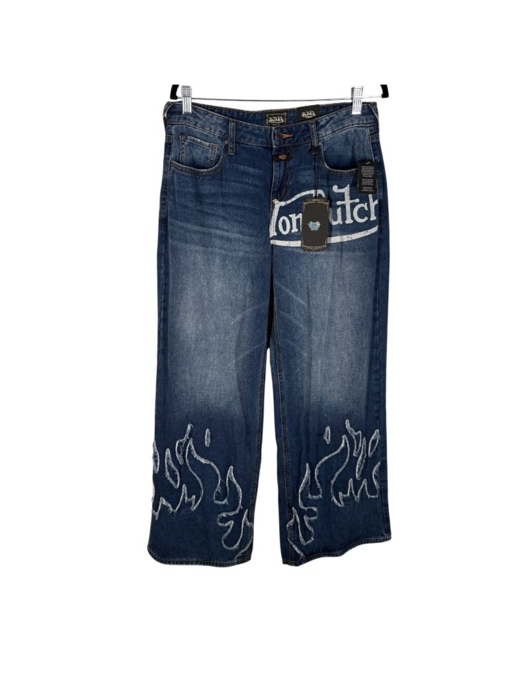 Von Dutch Women 9/29 Blue Denim Y2K 90s Skater Baggy Flame Wide Leg Jeans NWT